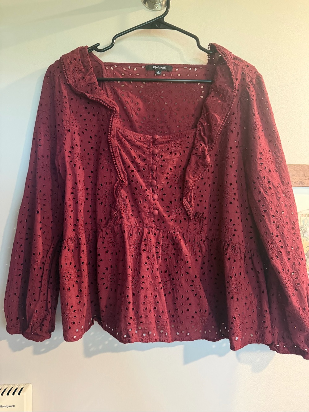 Madewell Women's Wine Eyelet Ruffle Peasant Blouse